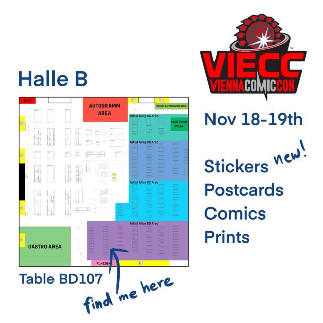 I‘m back at Vienna Comic Con this weekend! Find me at table BD107 with some brand new stuff: I brought fresh stickers and postcards with me, and of course there’s comics! 😁

#viecc23 #viecc #viennacomiccon #artistalley